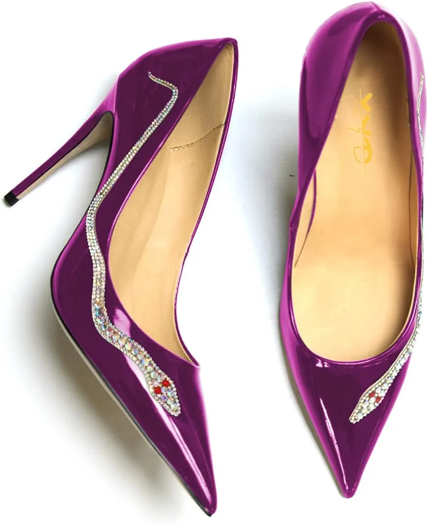 XYD Women Pointed Toe Pumps High Heels Slip on Rhinestone Inlaid Snake Pattern Stiletto Patent Leather Glossy Dress Party Shiny Prom Shoes