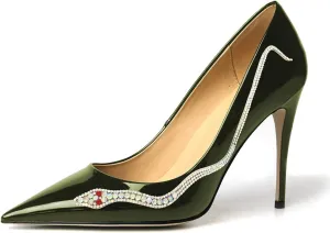 XYD Women Pointed Toe Pumps High Heels Slip on Rhinestone Inlaid Snake Pattern Stiletto Patent Leather Glossy Dress Party Shiny Prom Shoes