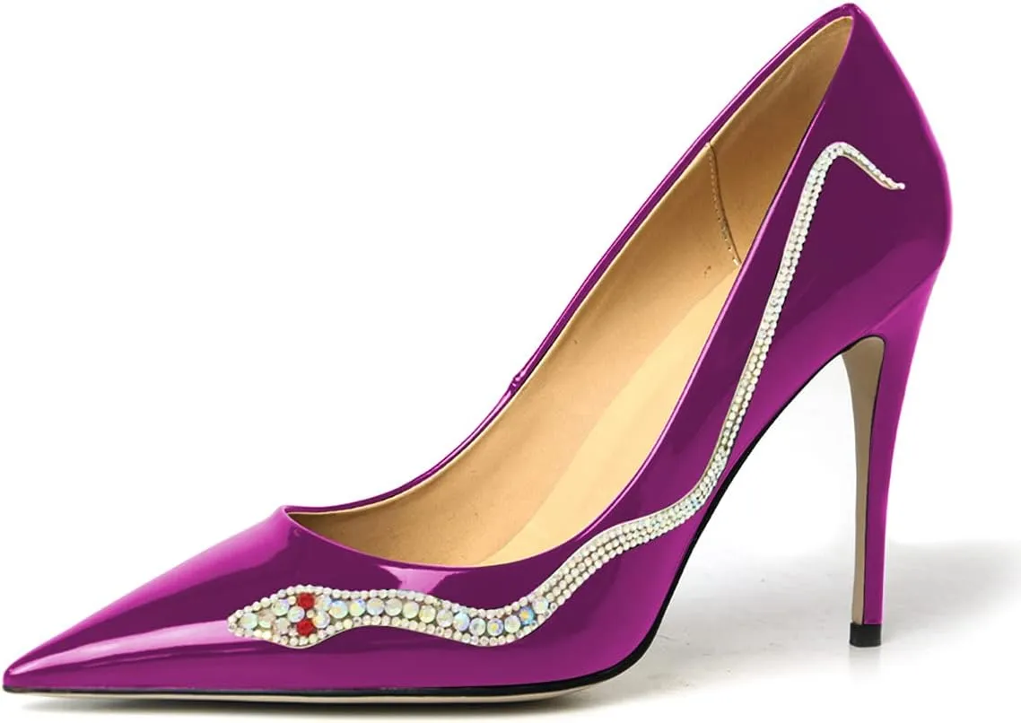 XYD Women Pointed Toe Pumps High Heels Slip on Rhinestone Inlaid Snake Pattern Stiletto Patent Leather Glossy Dress Party Shiny Prom Shoes