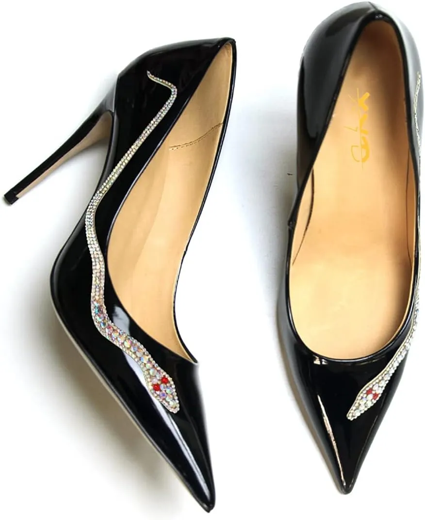 XYD Women Pointed Toe Pumps High Heels Slip on Rhinestone Inlaid Snake Pattern Stiletto Patent Leather Glossy Dress Party Shiny Prom Shoes