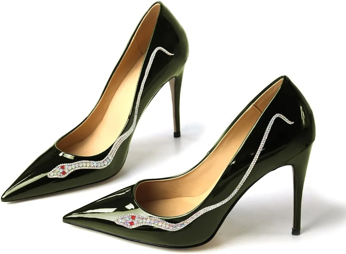 XYD Women Pointed Toe Pumps High Heels Slip on Rhinestone Inlaid Snake Pattern Stiletto Patent Leather Glossy Dress Party Shiny Prom Shoes