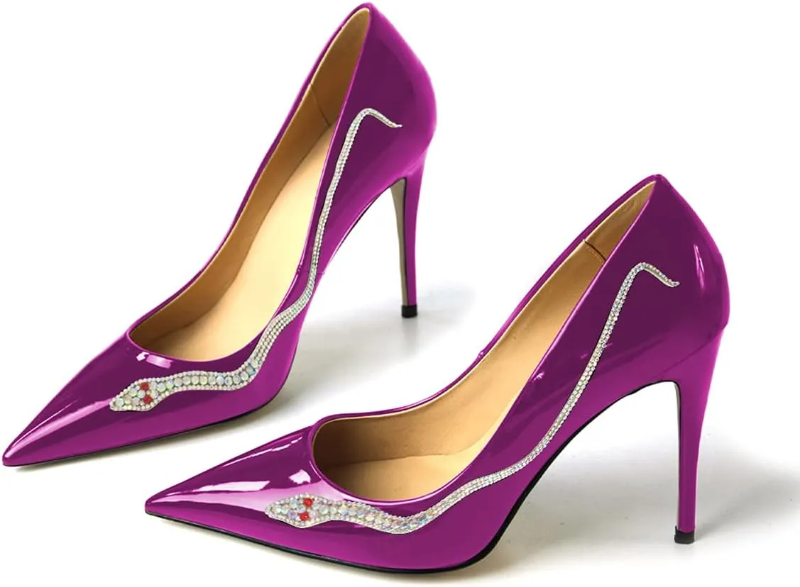 XYD Women Pointed Toe Pumps High Heels Slip on Rhinestone Inlaid Snake Pattern Stiletto Patent Leather Glossy Dress Party Shiny Prom Shoes