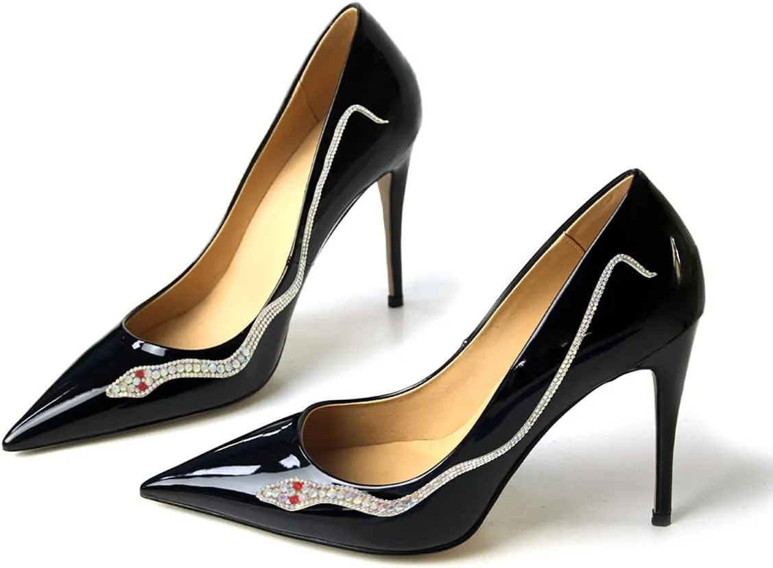 XYD Women Pointed Toe Pumps High Heels Slip on Rhinestone Inlaid Snake Pattern Stiletto Patent Leather Glossy Dress Party Shiny Prom Shoes