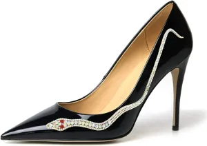 XYD Women Pointed Toe Pumps High Heels Slip on Rhinestone Inlaid Snake Pattern Stiletto Patent Leather Glossy Dress Party Shiny Prom Shoes