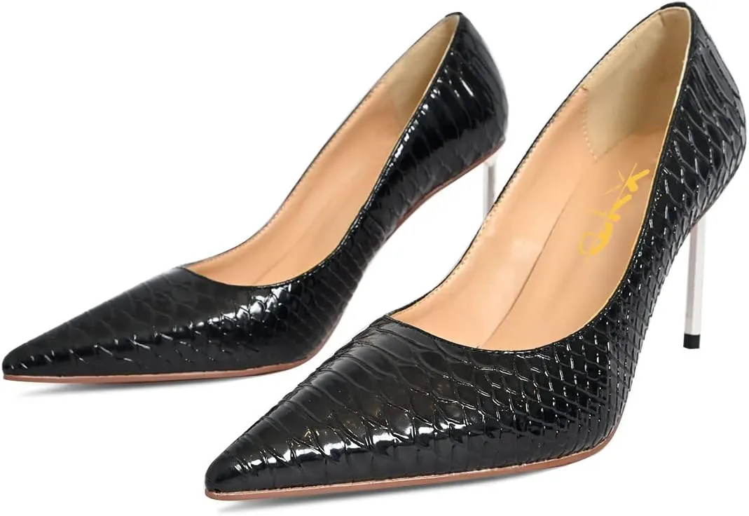 XYD Women's Metal High Heel Pumps Pointy Toe Comfort Slip On Stilettos Embossed Crocodile Pattern Sexy Party Dress Shoes