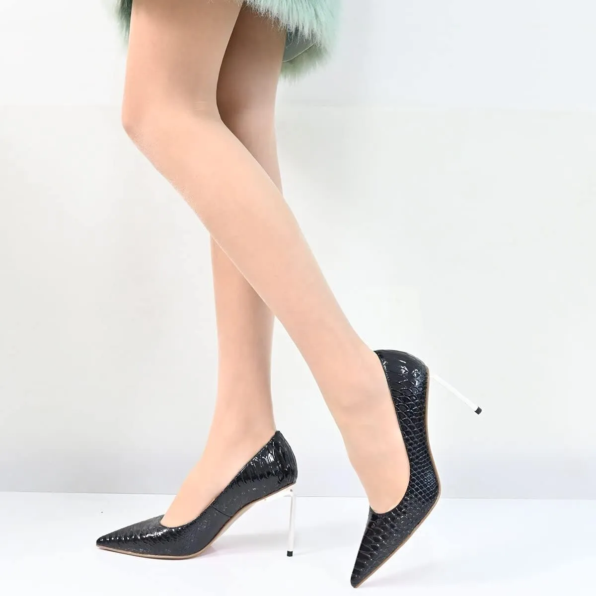 XYD Women's Metal High Heel Pumps Pointy Toe Comfort Slip On Stilettos Embossed Crocodile Pattern Sexy Party Dress Shoes