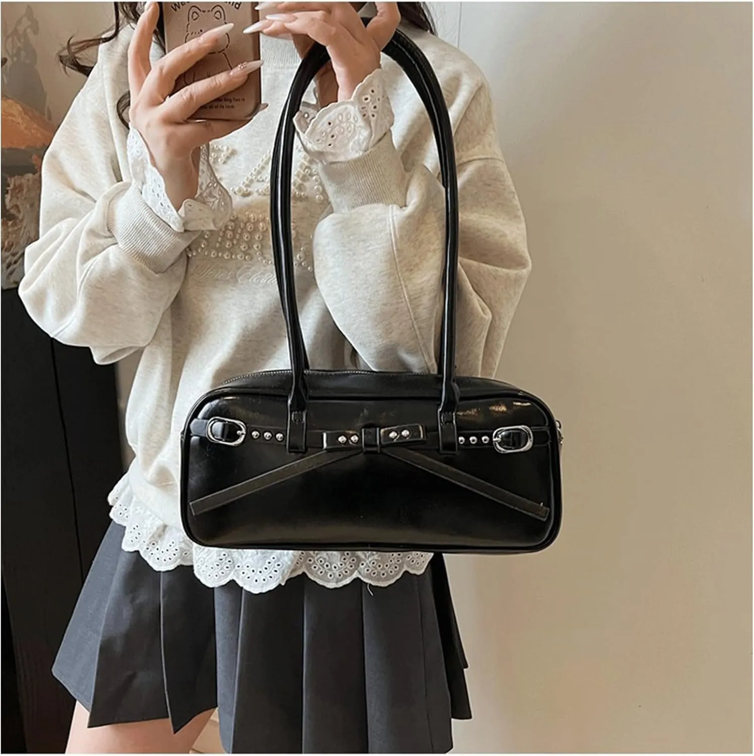 Y2k Purse 2000s Vintage Going Out Shoulder Street Girly Bowling Bag Goth Cute Grunge Sleek Coquette Leather Studded Purses