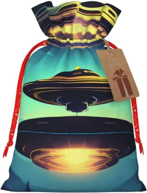 YILEQUAN Christmas Burlap Gift Bags with Drawstrings, Spacecraft descend - Christmas Treat Candy Bags for Holiday Party Wrapping Xmas Present - Medium