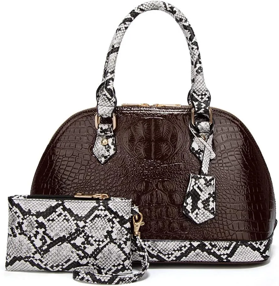 Yohora Women Crocodile Pattern Leather Handbag with Large Capacity Retro Crossbody Shoulder Purse Wallet for Work 2pcs Set