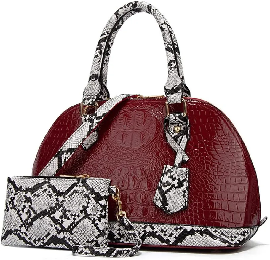 Yohora Women Crocodile Pattern Leather Handbag with Large Capacity Retro Crossbody Shoulder Purse Wallet for Work 2pcs Set