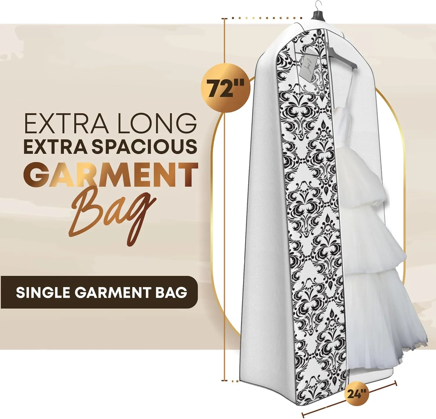 Your Bags Wedding Dress Garment Bag - Garment Bags for Travel & Hanging Clothes or Storage - 72" Wedding Dress Bag for Gowns Long with 20" Gusset for Puffy Bridal Gowns Cover - White/Black Damask