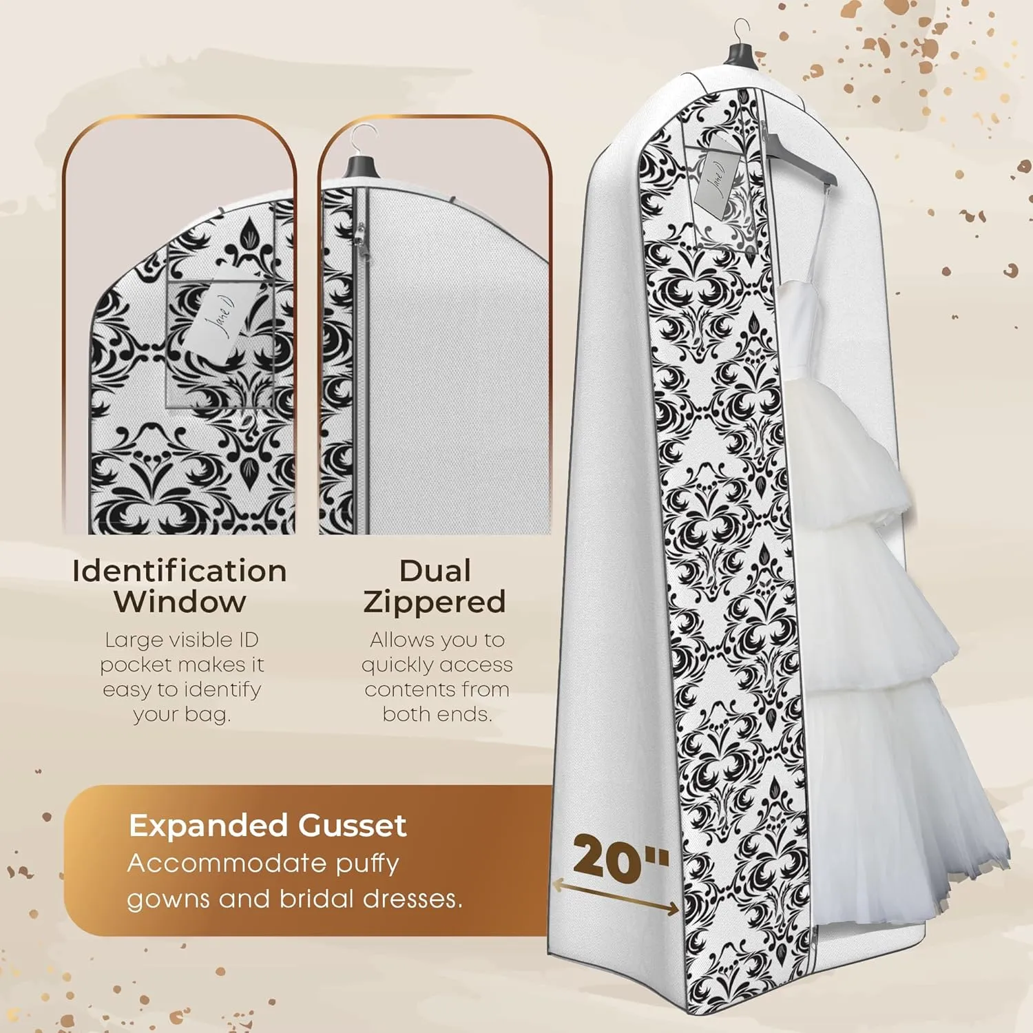Your Bags Wedding Dress Garment Bag - Garment Bags for Travel & Hanging Clothes or Storage - 72" Wedding Dress Bag for Gowns Long with 20" Gusset for Puffy Bridal Gowns Cover - White/Black Damask