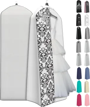 Your Bags Wedding Dress Garment Bag - Garment Bags for Travel & Hanging Clothes or Storage - 72" Wedding Dress Bag for Gowns Long with 20" Gusset for Puffy Bridal Gowns Cover - White/Black Damask