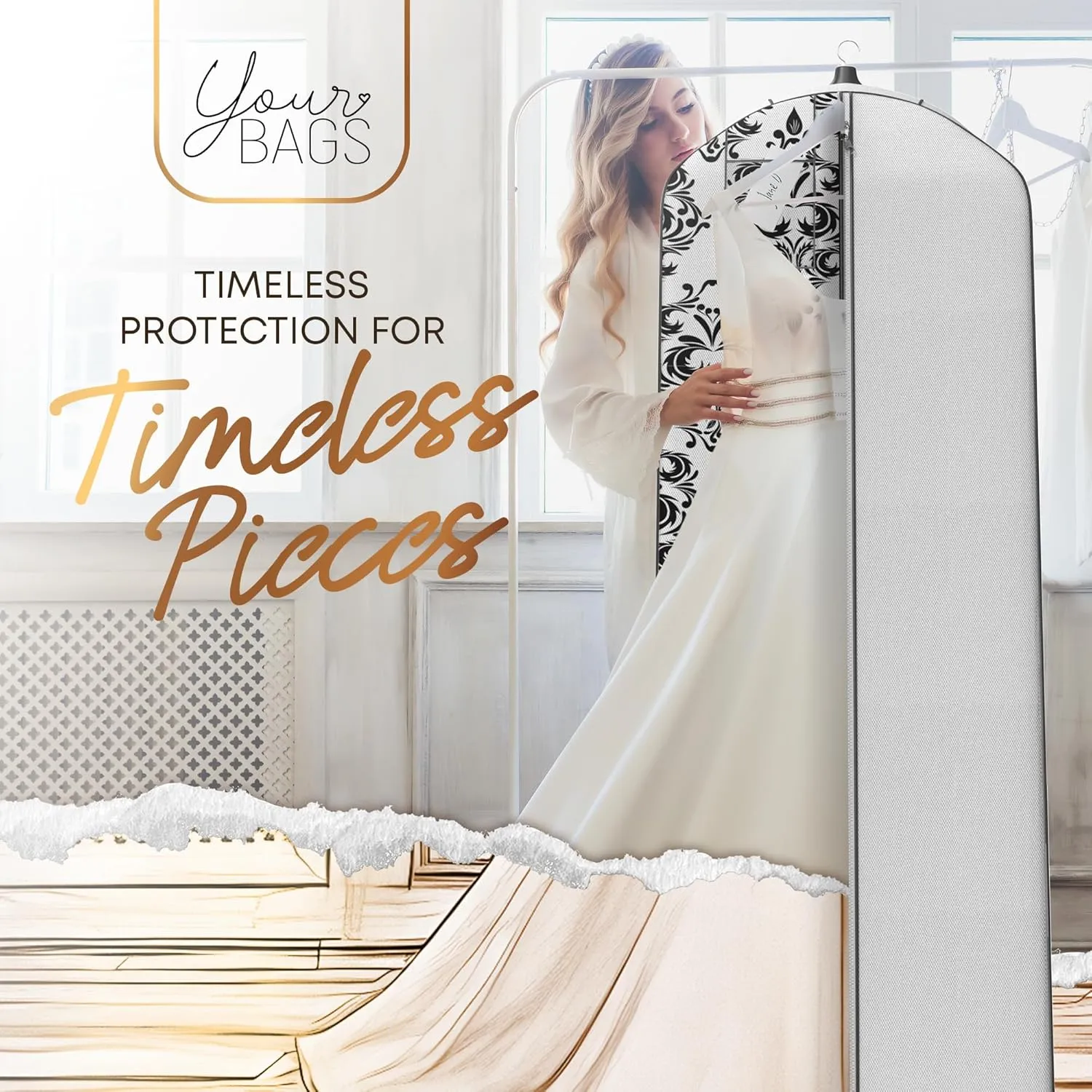 Your Bags Wedding Dress Garment Bag - Garment Bags for Travel & Hanging Clothes or Storage - 72" Wedding Dress Bag for Gowns Long with 20" Gusset for Puffy Bridal Gowns Cover - White/Black Damask