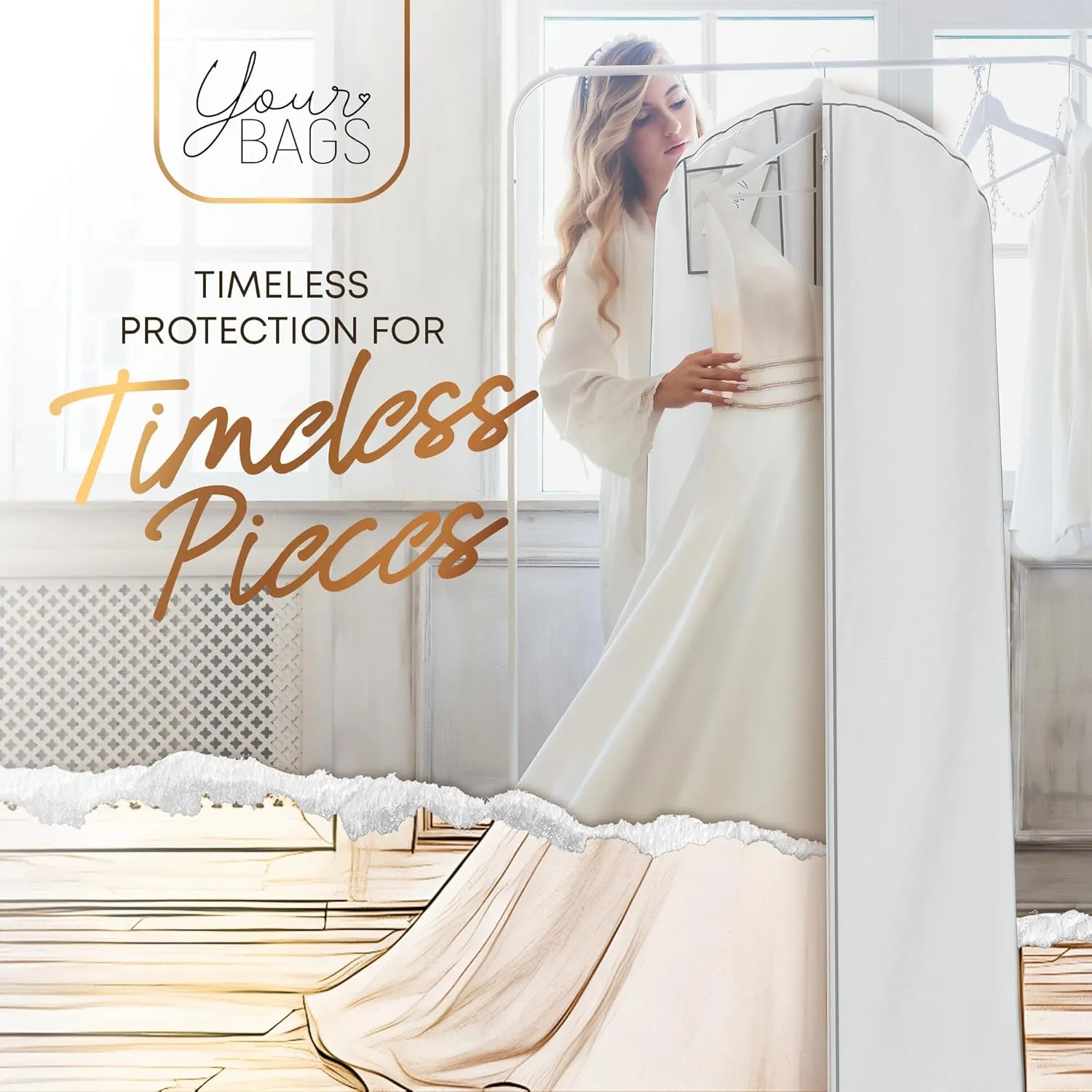 Your Bags Wedding Dress Garment Bag - Garment Bags for Travel & Hanging Clothes or Storage Preservation - 72" Wedding Dress Bag for Gowns Long with 20" Gusset for Puffy Bridal Gowns Cover -White/Grey