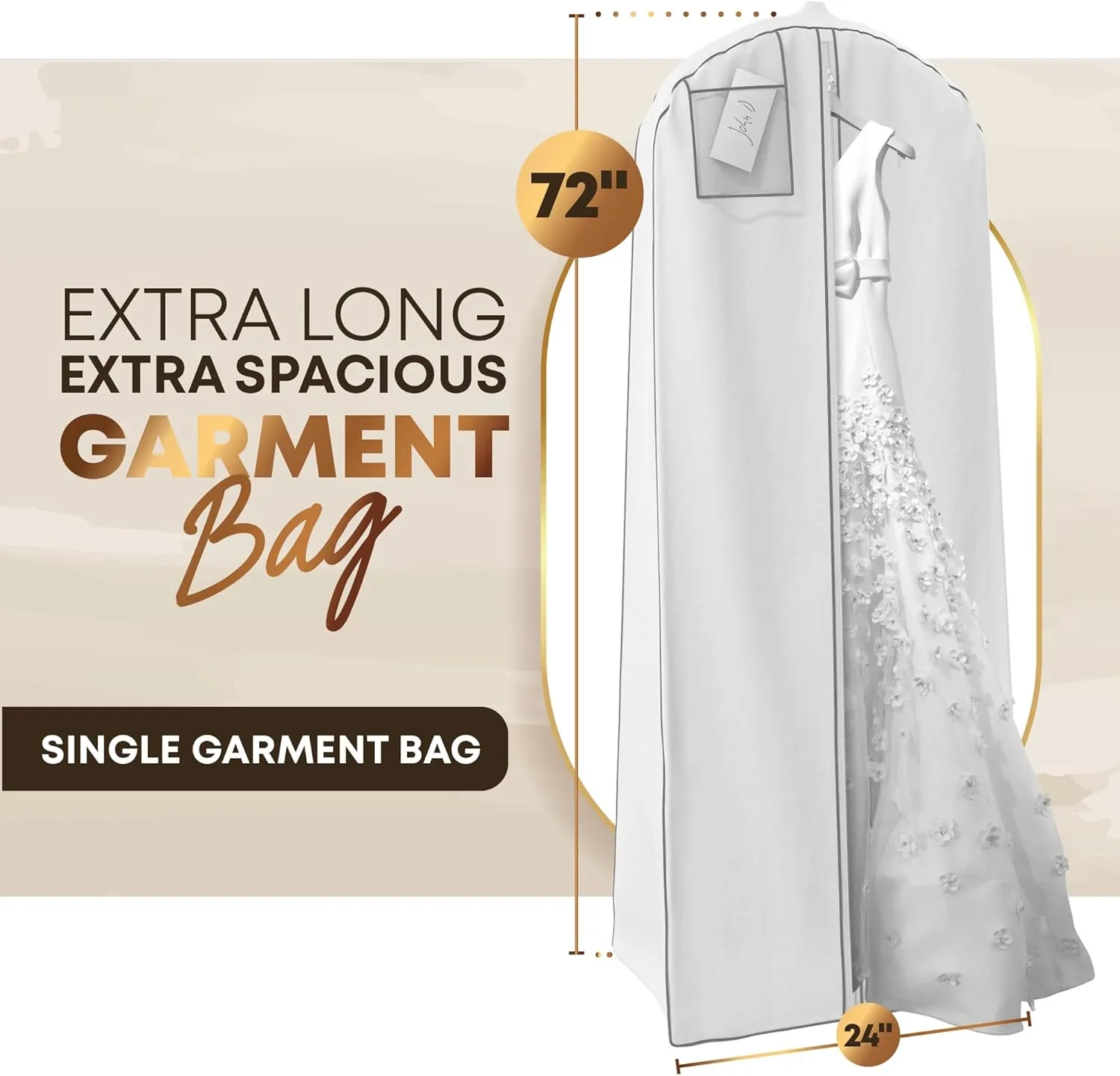 Your Bags Wedding Dress Garment Bag - Garment Bags for Travel & Hanging Clothes or Storage Preservation - 72" Wedding Dress Bag for Gowns Long with 20" Gusset for Puffy Bridal Gowns Cover -White/Grey