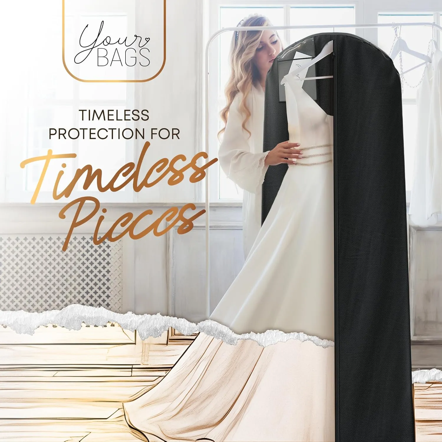 Your Bags Wedding Dress Garment Bag with Matching Tote- Garment Bags for Travel & Hanging Clothes or Storage - 72" Wedding Dress Bag for Gowns Long with 20" Gusset for Puffy Bridal Gowns Cover - Black