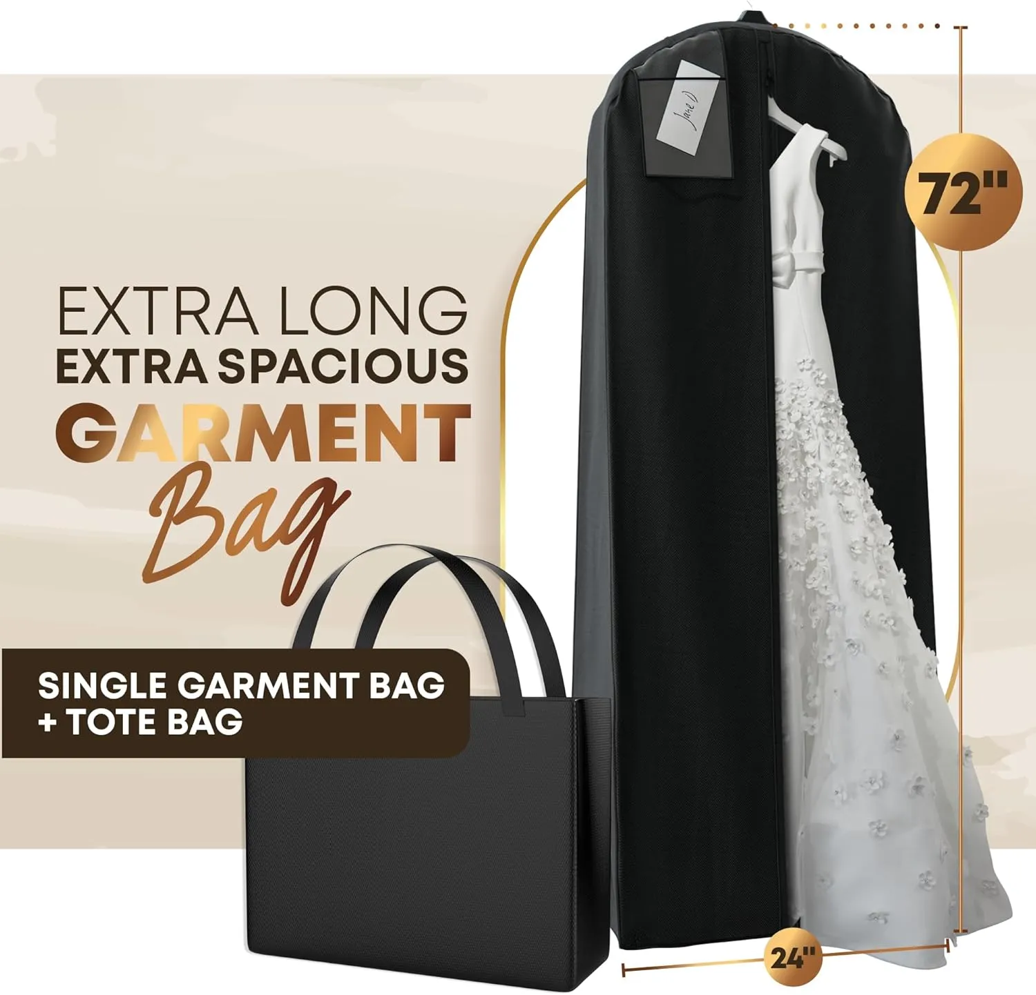 Your Bags Wedding Dress Garment Bag with Matching Tote- Garment Bags for Travel & Hanging Clothes or Storage - 72" Wedding Dress Bag for Gowns Long with 20" Gusset for Puffy Bridal Gowns Cover - Black