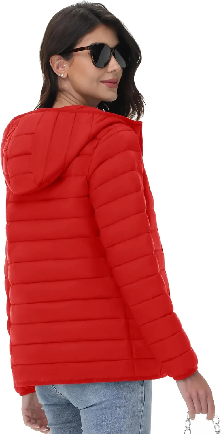 YUCOLEN Women's Puffer Jacket with Hood Lightweight Quilted Padded 4 Pockets Zip-up Coat Winter Jackets for Women