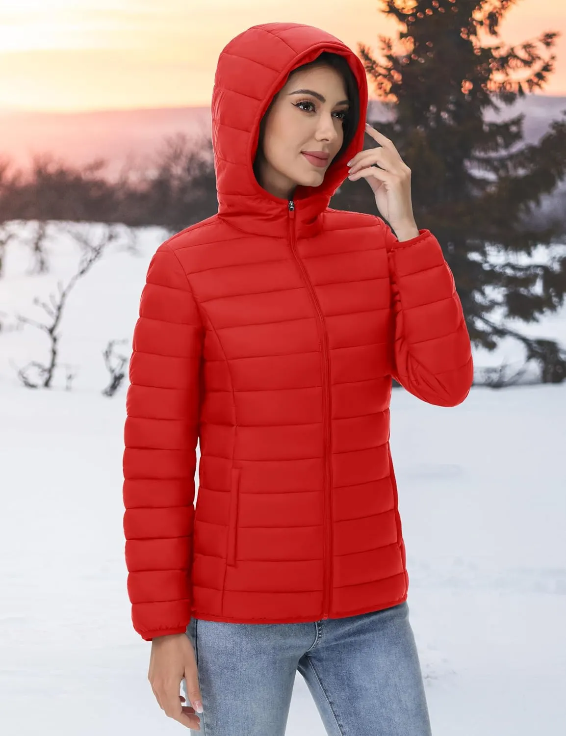 YUCOLEN Women's Puffer Jacket with Hood Lightweight Quilted Padded 4 Pockets Zip-up Coat Winter Jackets for Women