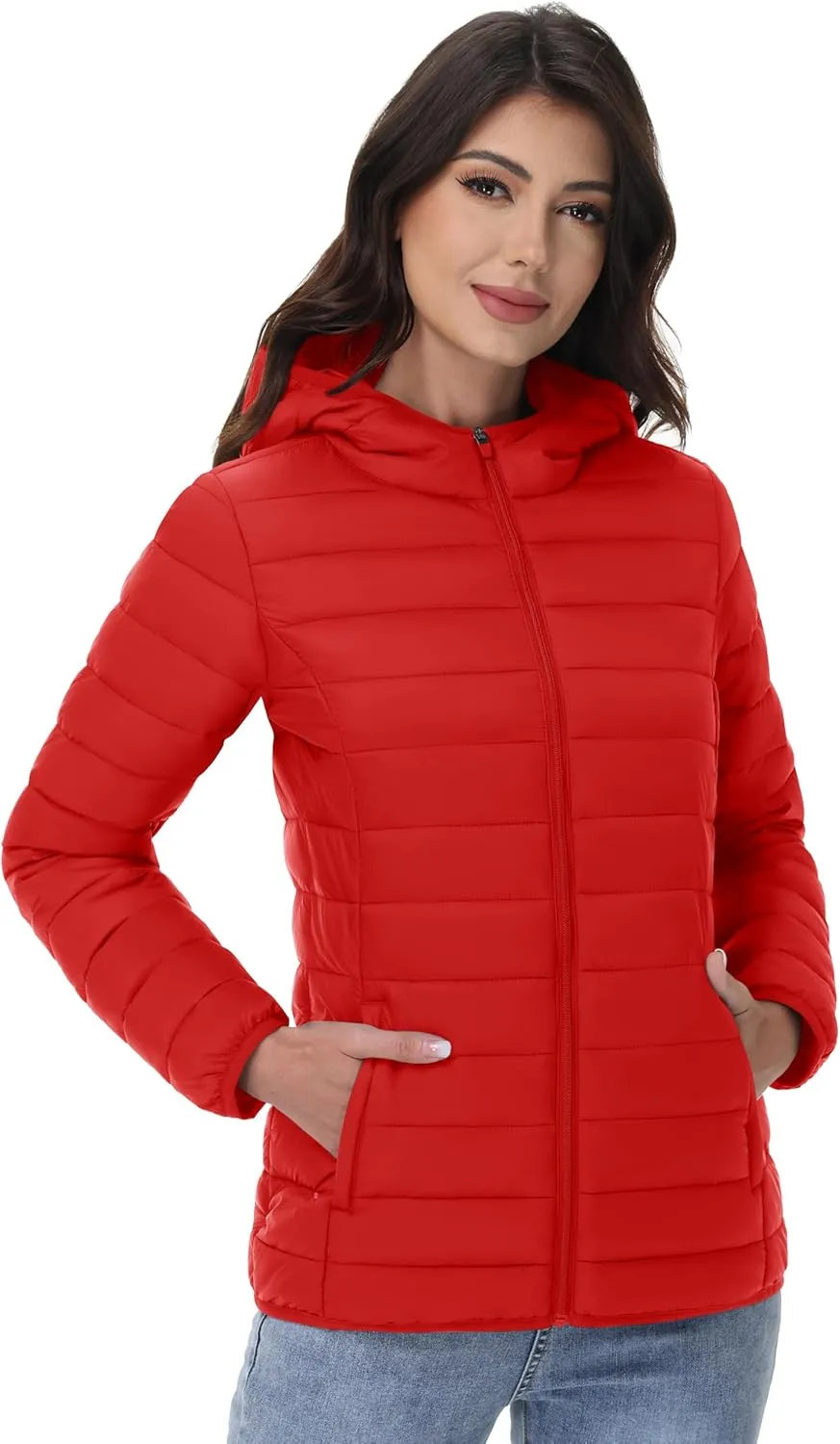 YUCOLEN Women's Puffer Jacket with Hood Lightweight Quilted Padded 4 Pockets Zip-up Coat Winter Jackets for Women