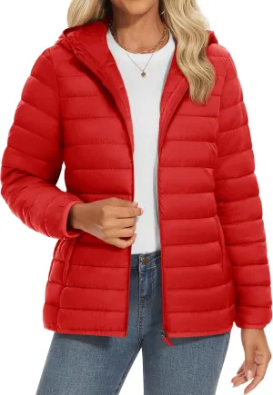 YUCOLEN Women's Puffer Jacket with Hood Lightweight Quilted Padded 4 Pockets Zip-up Coat Winter Jackets for Women