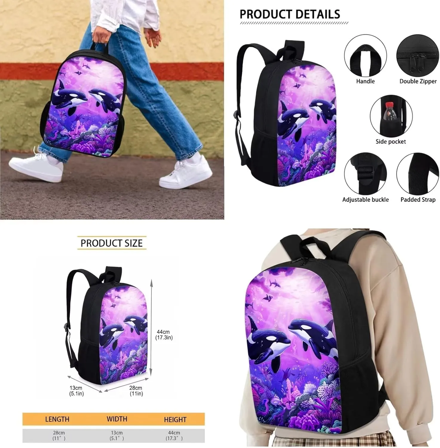 ZFRXIGN Killer Whale Backpack Set with Lunch Box and Pencil Case School Bag Ocean Theme Rucksack Casual Daypack Girls Knapsack Set of 3 Pack Cute Orca Purse