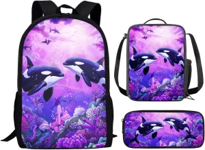ZFRXIGN Killer Whale Backpack Set with Lunch Box and Pencil Case School Bag Ocean Theme Rucksack Casual Daypack Girls Knapsack Set of 3 Pack Cute Orca Purse