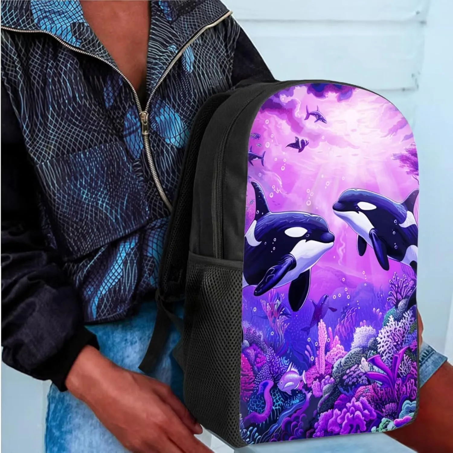 ZFRXIGN Killer Whale Backpack Set with Lunch Box and Pencil Case School Bag Ocean Theme Rucksack Casual Daypack Girls Knapsack Set of 3 Pack Cute Orca Purse