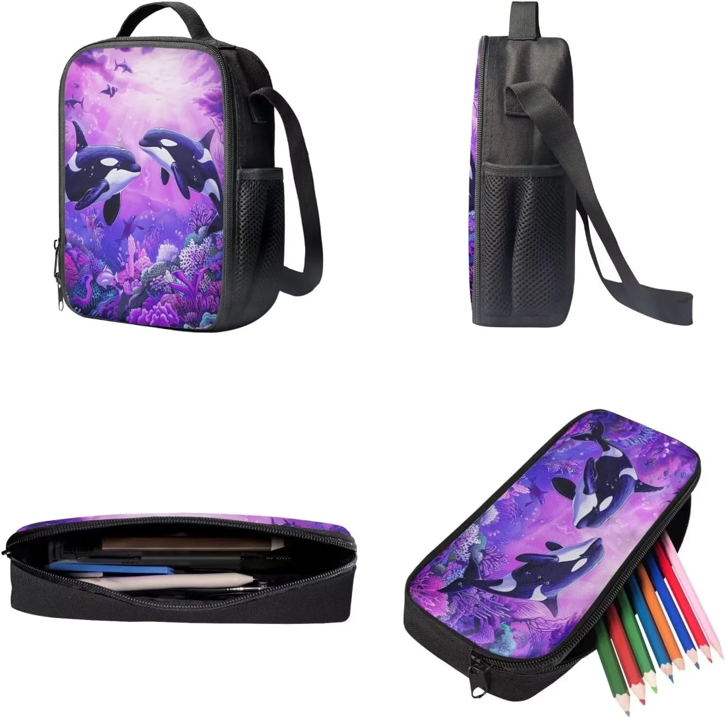 ZFRXIGN Killer Whale Backpack Set with Lunch Box and Pencil Case School Bag Ocean Theme Rucksack Casual Daypack Girls Knapsack Set of 3 Pack Cute Orca Purse