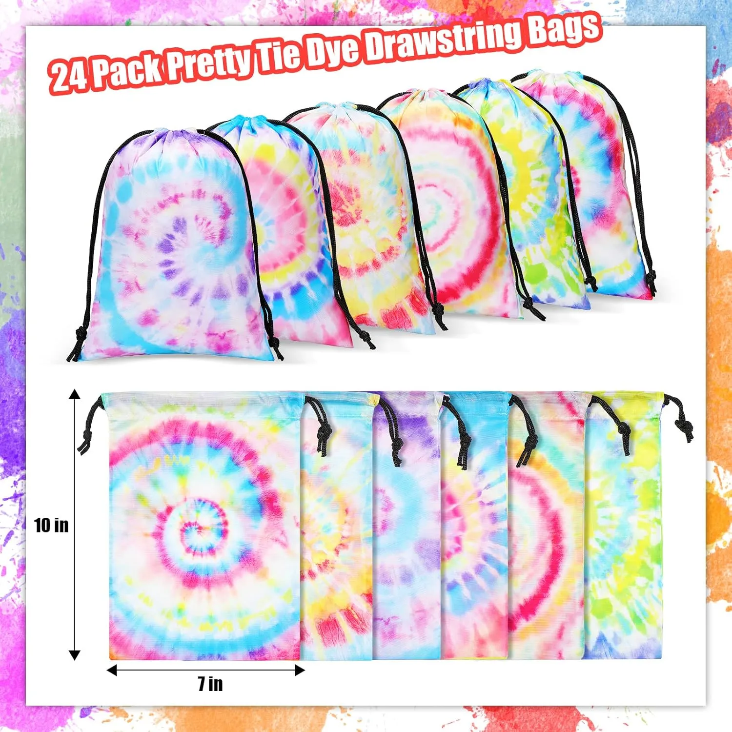 Zhengmy Tie Dye Party Favor Bags 10 x 7 Inch Candy Goodies Treat Bags Drawstring Colorful Birthday Gift for Tie Dye Supplies Beach Party(24 Pack,Spiral Style)