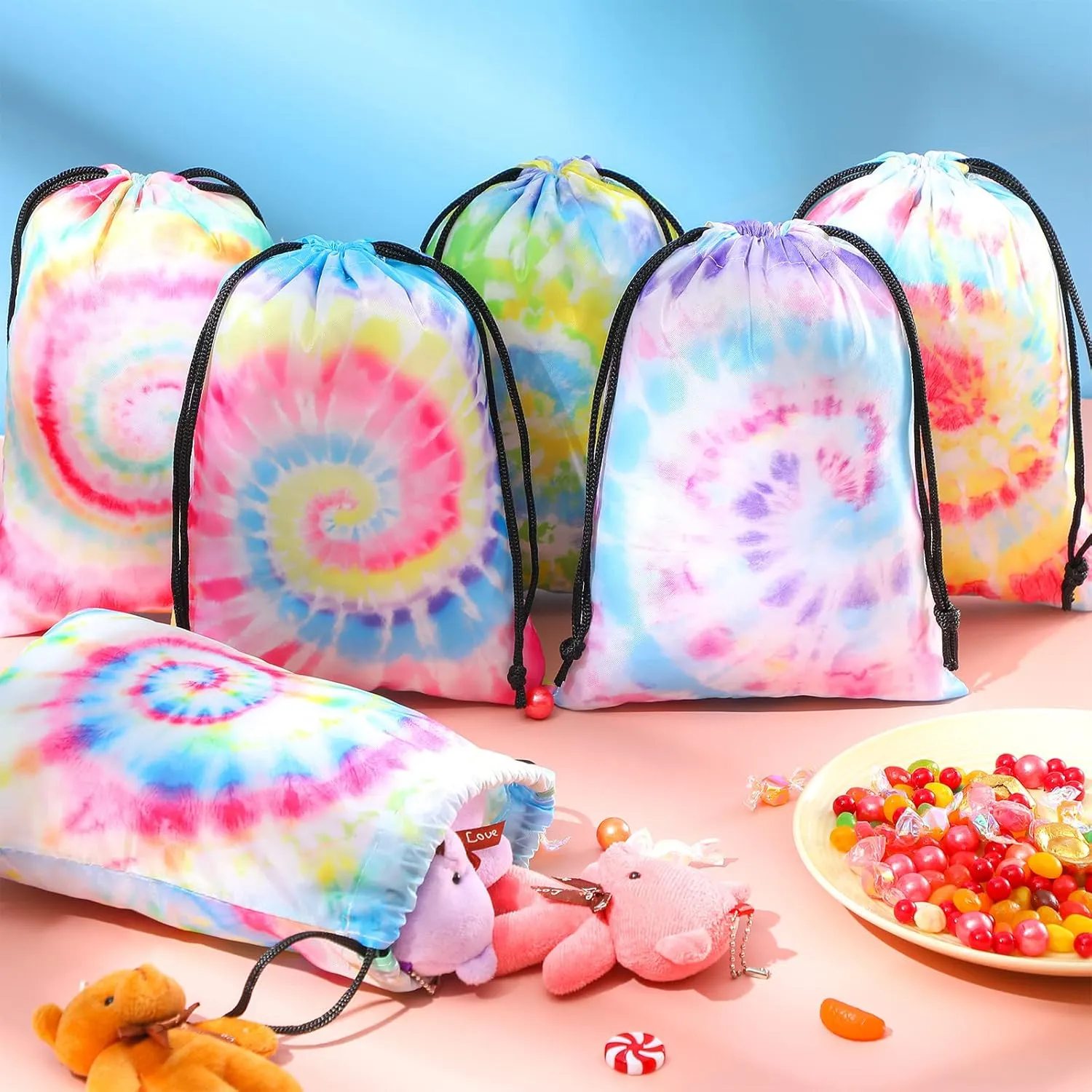 Zhengmy Tie Dye Party Favor Bags 10 x 7 Inch Candy Goodies Treat Bags Drawstring Colorful Birthday Gift for Tie Dye Supplies Beach Party(24 Pack,Spiral Style)