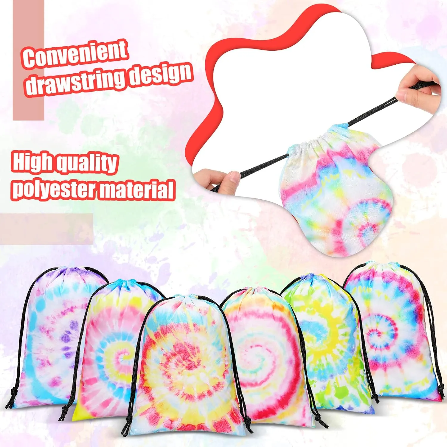 Zhengmy Tie Dye Party Favor Bags 10 x 7 Inch Candy Goodies Treat Bags Drawstring Colorful Birthday Gift for Tie Dye Supplies Beach Party(24 Pack,Spiral Style)