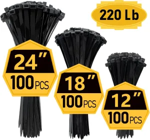 Zip Ties Assorted Sizes (12" 18" 24")- 300 Pack, Large Zip Ties Heavy Duty with 220 lb Tensile Strength for Outdoor Use, Black, Long Cable Ties by ANOSON