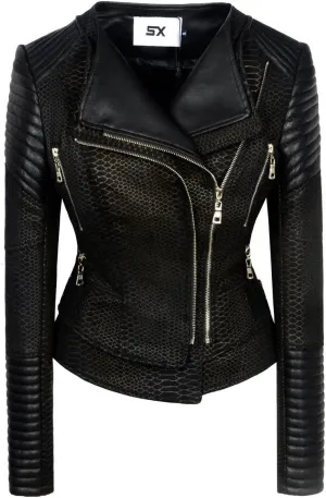 ZJX Women's Suede solid classic fashion zipper casual large jacket (L, Snake Black)