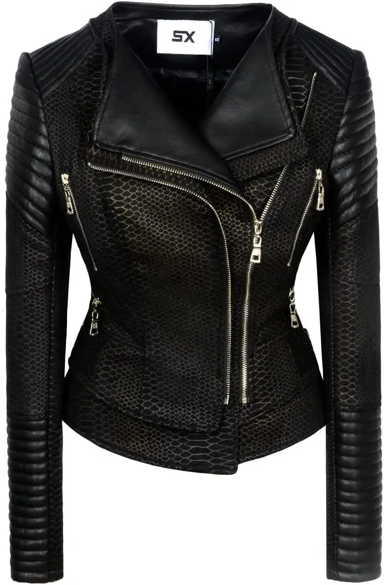 ZJX Women's Suede solid classic fashion zipper casual large jacket (L, Snake Black)