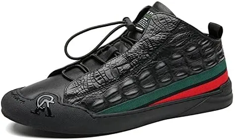 ZOOGEM Men's Crocodile Print Leather Casual Shoes Cowhide Crocodile Print Leather Shoes Non-Slip Casual Fashion Sneakers (Black-a,8.5)