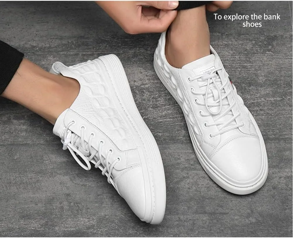 ZOOGEM Men's Crocodile Print Leather Casual Shoes Cowhide Crocodile Print Leather Shoes Non-Slip Casual Fashion Sneakers (White-d,6.5)